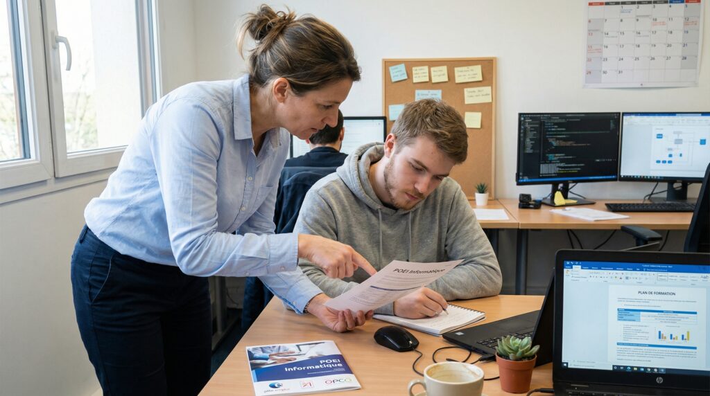 Une femme montrant un document à un homme dans un bureau, avec des ordinateurs et des plantes sur le bureau.