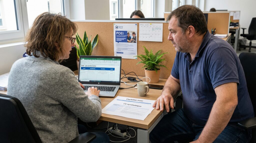Deux collègues discutant devant un ordinateur portable dans un bureau moderne.