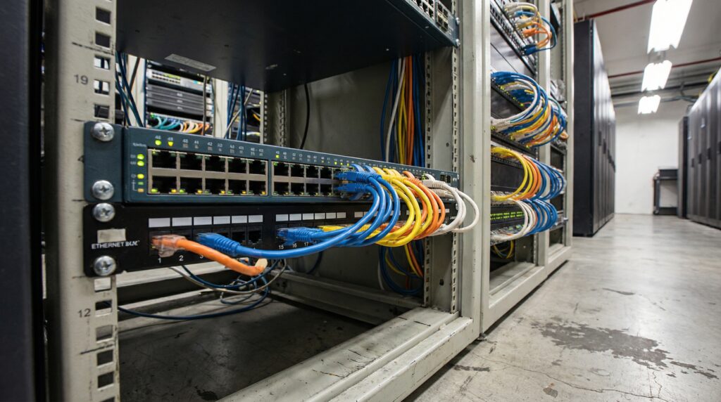 Équipement de serveur avec des câbles réseau colorés connectés à un panneau de distribution dans un centre de données.