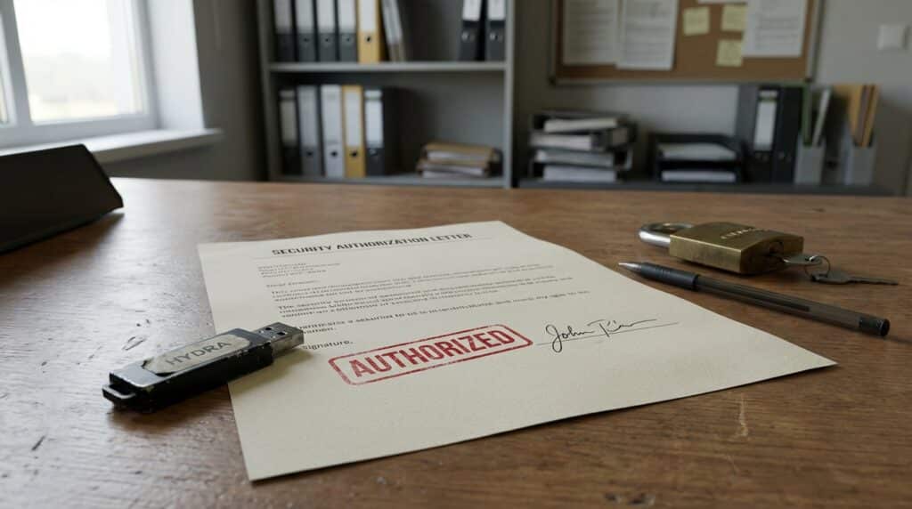 Document d'autorisation avec un cachet rouge sur un bureau, accompagné d'une clé USB et de stylos.