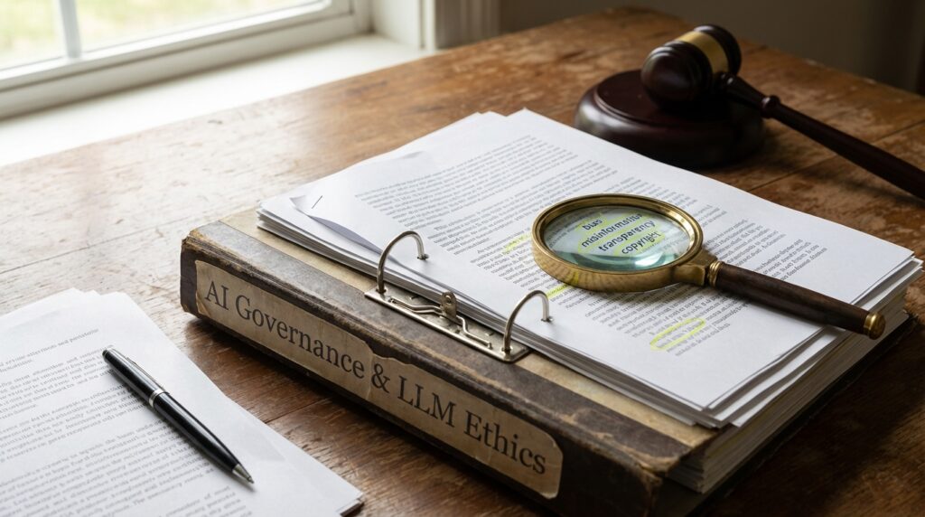 Vue d'un bureau avec des documents sur la gouvernance de l'intelligence artificielle, une loupe et un maillet de juge.