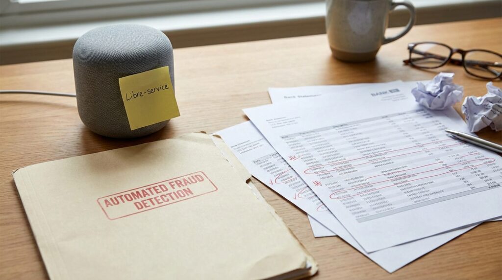 Documents et dossiers organisés sur un bureau en bois avec une tasse et un haut-parleur intelligent.