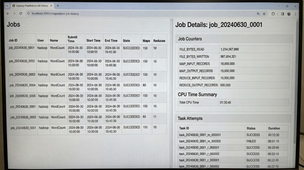 Écran affichant un tableau de détails des jobs avec des données d'activité et un résumé des performances de tâches.