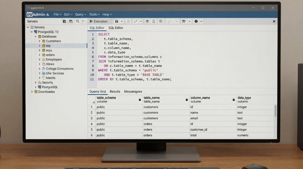 Écran d'ordinateur affichant une analyse de données avec un tableau et des requêtes SQL.