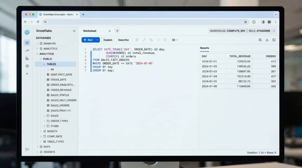 Écran d'ordinateur affichant une interface de codage pour une base de données avec des commandes SQL.