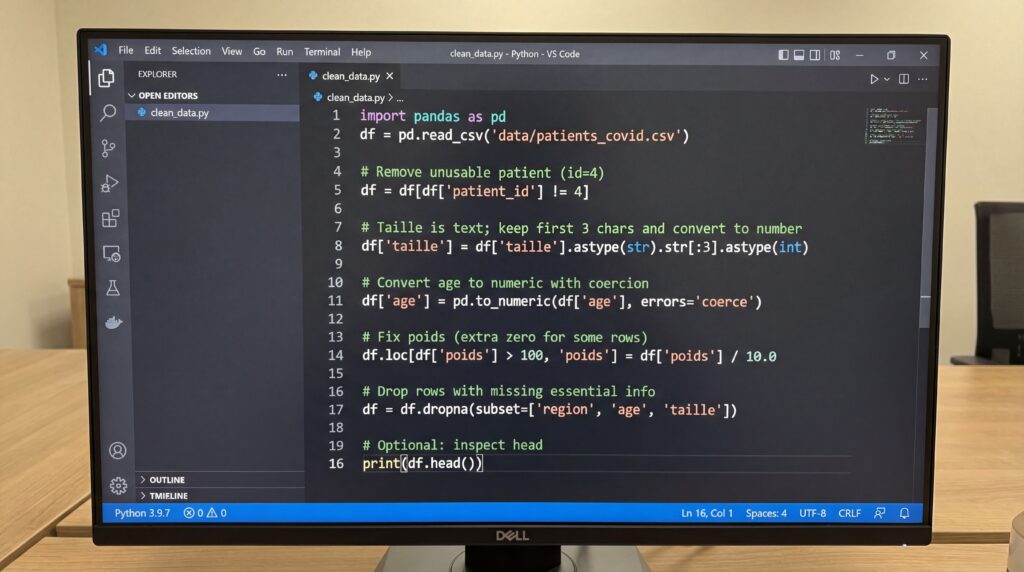 Écran d'ordinateur affichant un code Python sur un fond de table en bois.