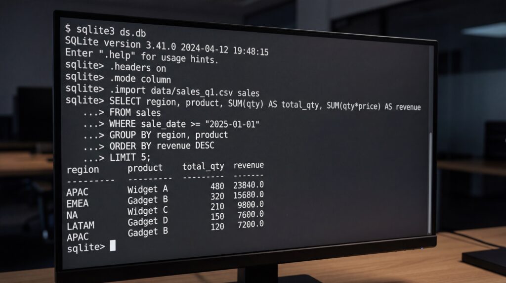 Écran d'ordinateur affichant une requête de base de données avec des informations sur les produits et les ventes.