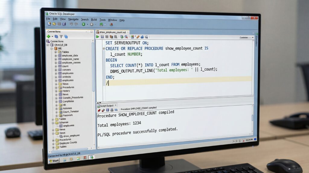 Écran d'ordinateur affichant un code de programmation SQL dans un environnement de développement.