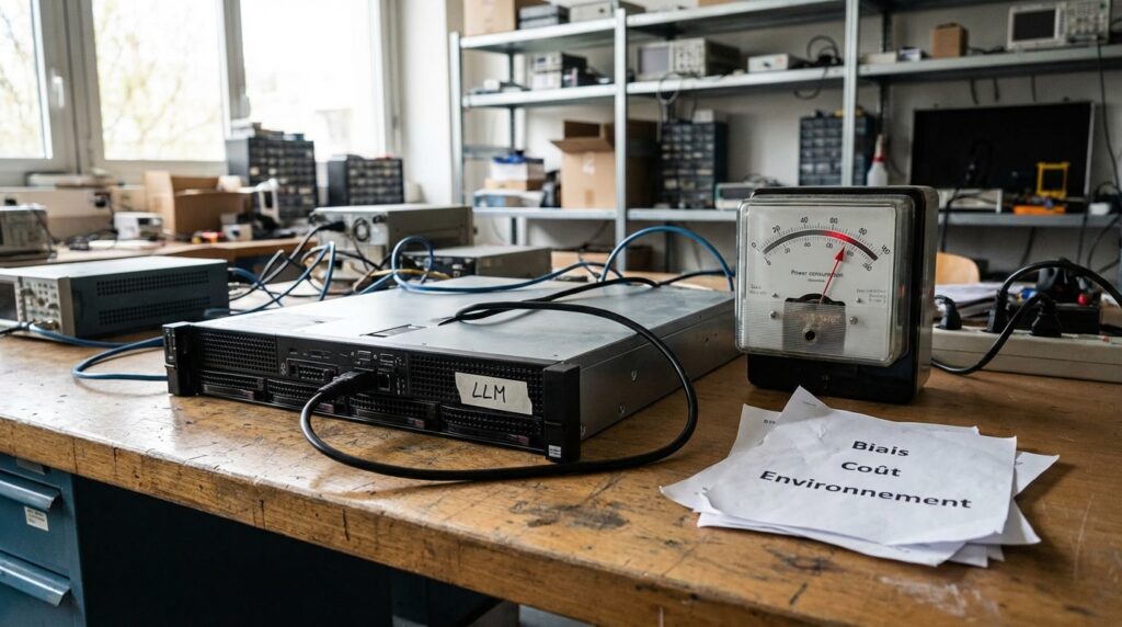 Table de travail avec des équipements électroniques, y compris un appareil de mesure et des documents techniques.