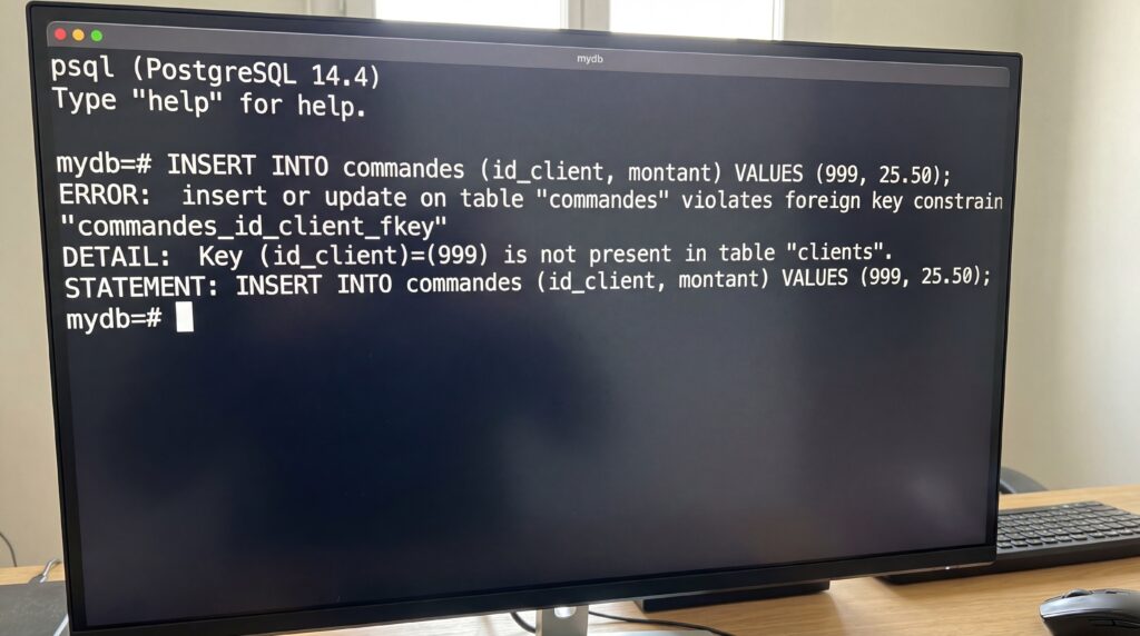 Écran d'ordinateur affichant une erreur d'insertion dans une base de données PostgreSQL.