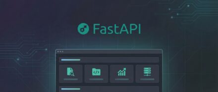 Image représentant le logo de FastAPI et une interface d'application web modern sous fond technologique.