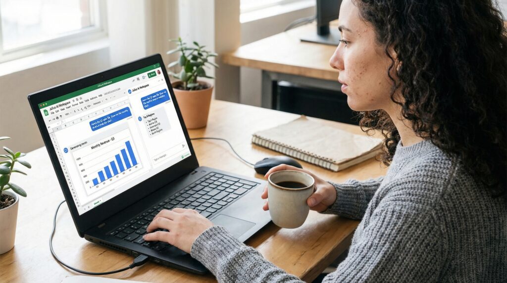 Femme regardant un tableau de croissance de données sur son ordinateur portable tout en tenant une tasse de café.