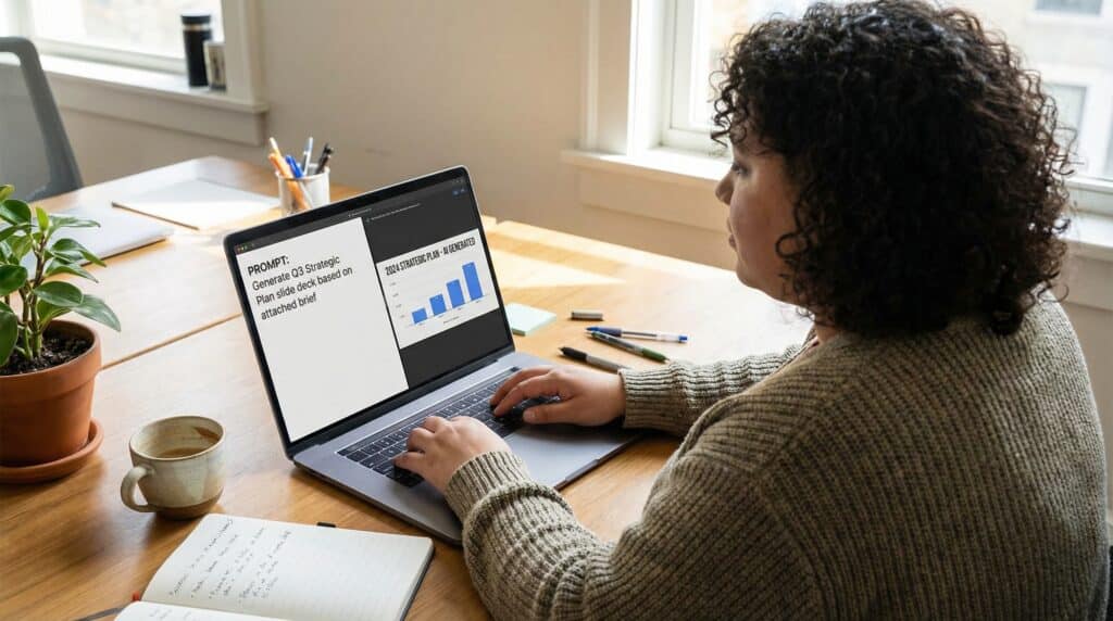 Femme travaillant sur un ordinateur portable, analysant des données avec un graphique sur l'écran.