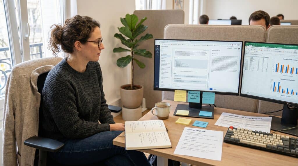 Femme assise à un bureau avec deux écrans, analysant des données sur l'un d'eux et prenant des notes dans un carnet.