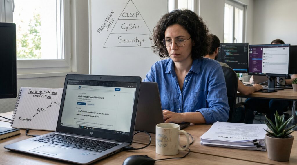 Femme travaillant sur un ordinateur portable dans un bureau moderne, entourée de plusieurs écrans et de notes sur la cybersécurité.