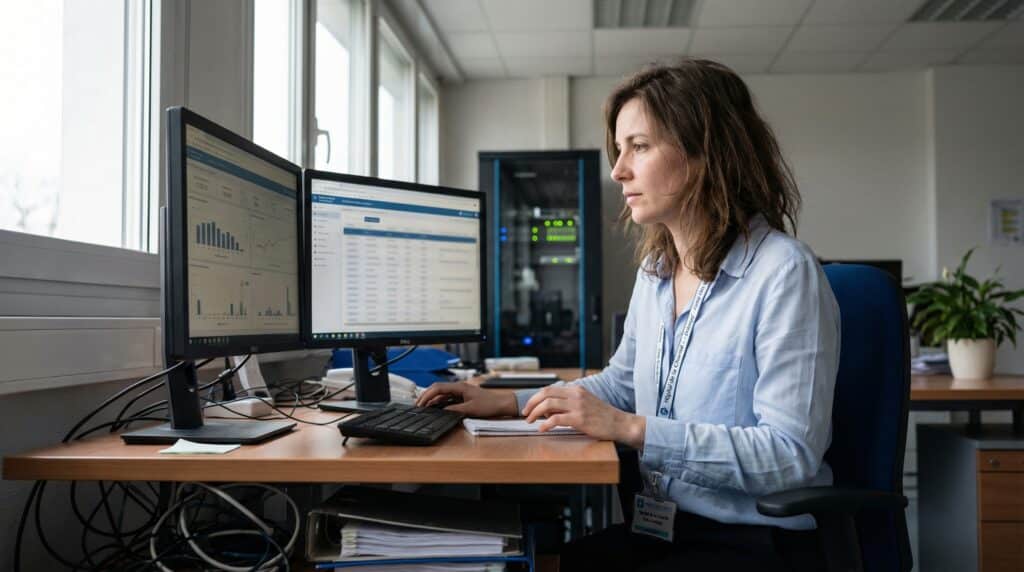 Femme travaillant à un bureau, utilisant deux écrans d'ordinateur, avec un équipement informatique en arrière-plan.