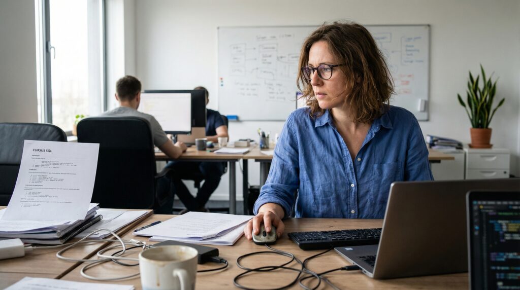 Femme travaillant sur un ordinateur dans un bureau moderne, entourée de documents et de matériel de bureau.