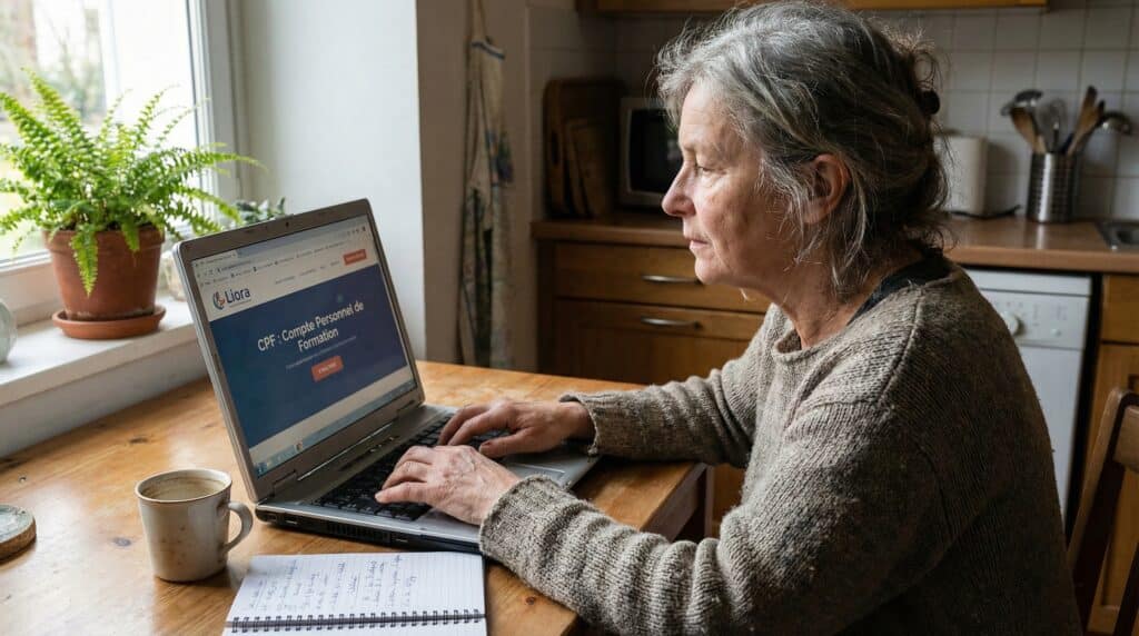Une femme âgée utilisant un ordinateur portable à une table de cuisine, accompagnée d'une tasse de café et d'une plante en pot.