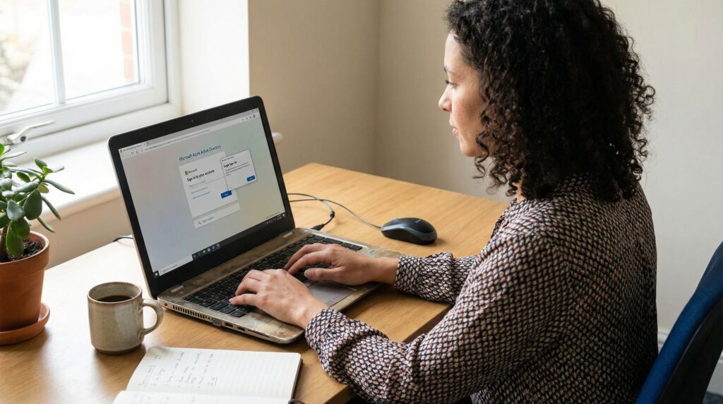 Femme travaillant sur un ordinateur portable à un bureau, avec une tasse de café à côté.