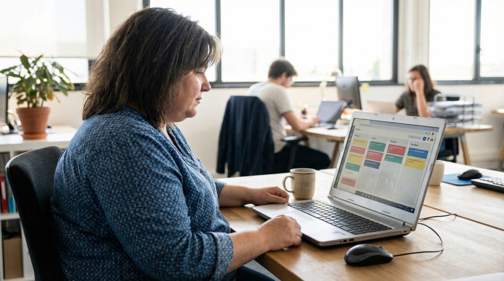 Femme utilisant un ordinateur portable dans un bureau, avec des collègues travaillant en arrière-plan.