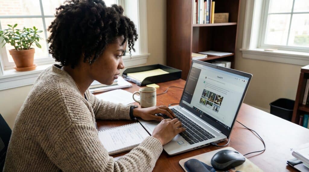 Femme travaillant sur un ordinateur portable, concentrée sur l'écran dans un bureau lumineux.