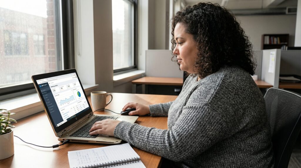 Une femme travaillant sur un ordinateur portable dans un bureau lumineux, regardant des données sur l'écran.