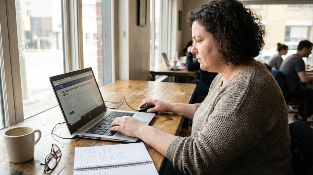 Femme travaillant sur un ordinateur portable dans un café, avec une tasse de café et un carnet à côté d'elle.