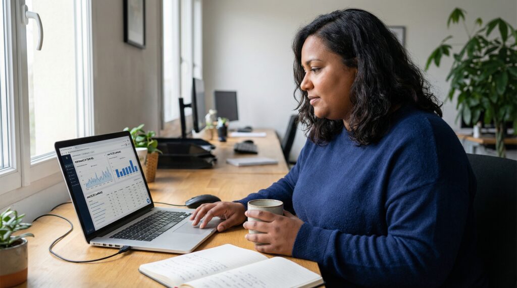 Femme assise à un bureau, utilisant un ordinateur portable tout en tenant une tasse de café, avec des plantes sur la table.