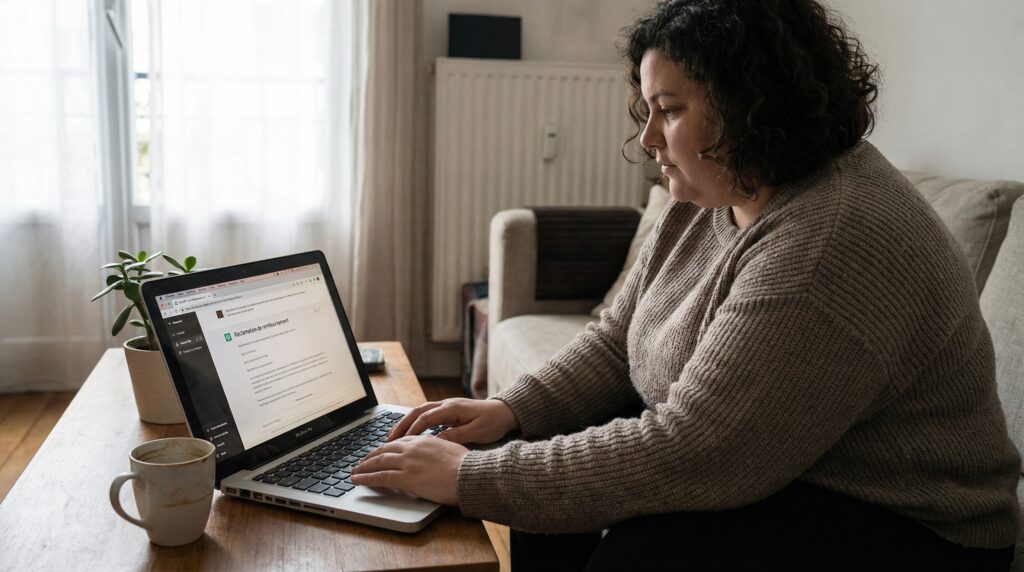 Une femme travaillant sur un ordinateur portable dans un cadre intérieur confortable, avec une tasse de café à côté d'elle.