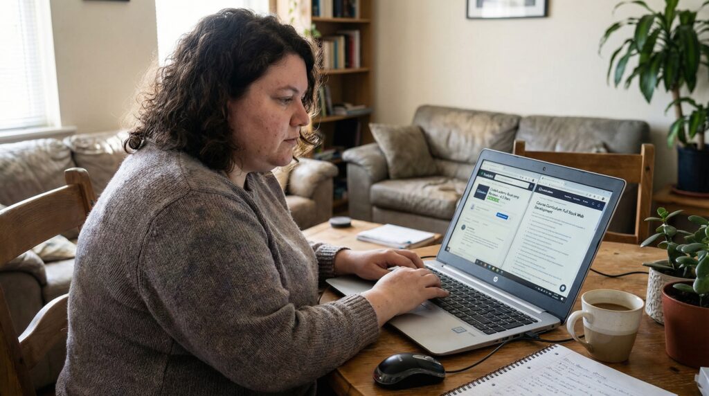 Femme travaillant sur un ordinateur portable dans un environnement de bureau à domicile, entourée de livres et d'une plante.