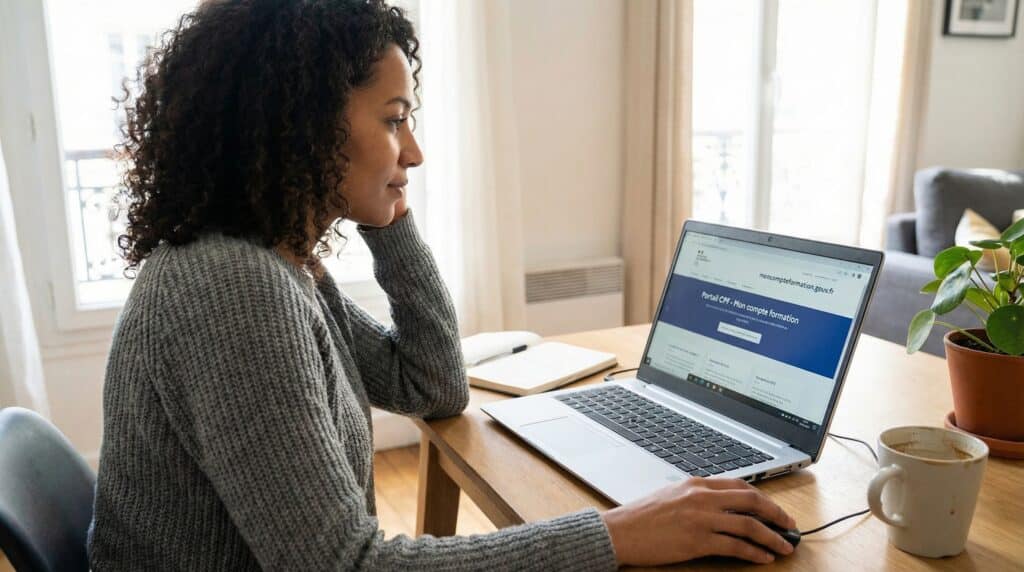 Femme travaillant sur un ordinateur portable à son bureau, avec une tasse de café et des plantes en arrière-plan.