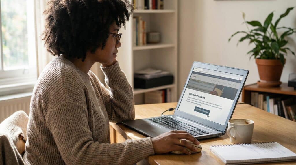 Une femme travaillant sur un ordinateur portable à un bureau, entourée de livres et d'une plante verte.