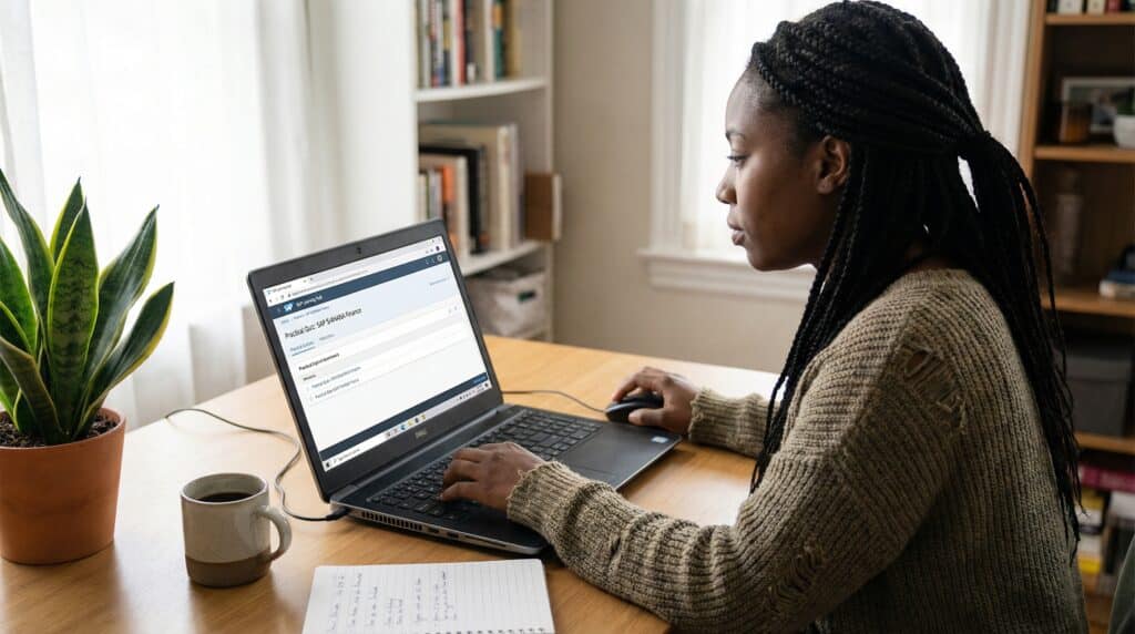 Une femme travaillant sur un ordinateur portable à un bureau en bois, avec une plante et une tasse à côté d'elle.