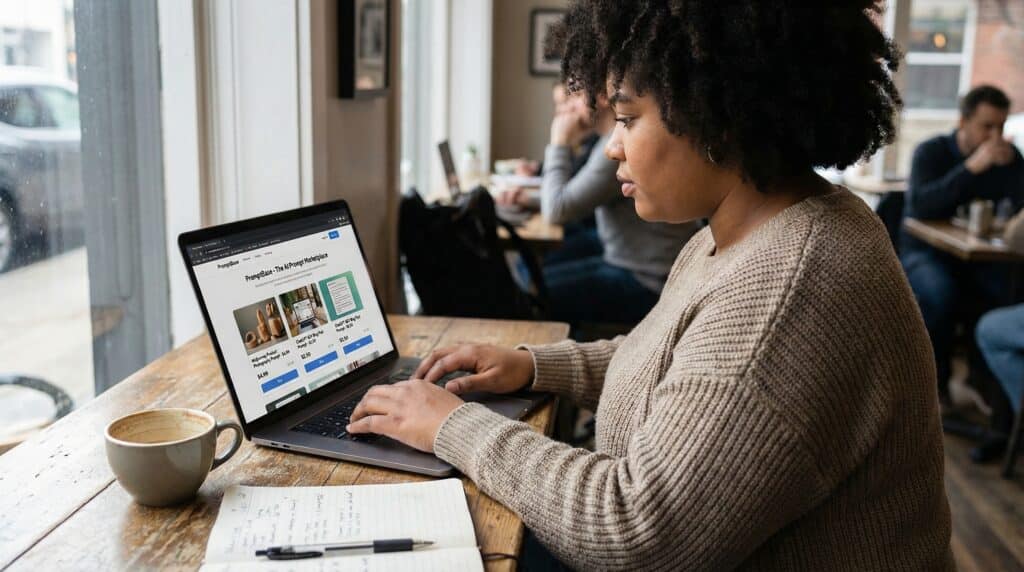 Femme utilisant un ordinateur portable dans un café, concentrée sur son travail avec une tasse de café à côté.