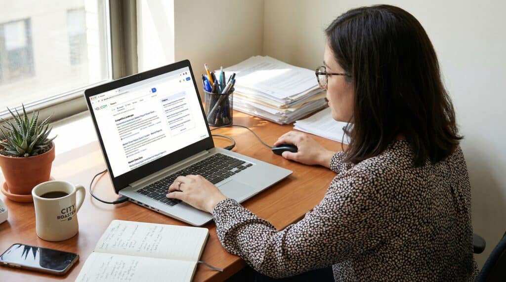 Femme travaillant sur un ordinateur portable avec des documents et une plante sur son bureau.
