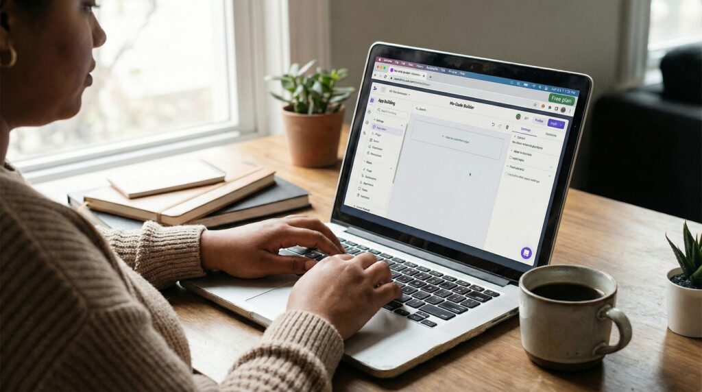 Femme travaillant sur un ordinateur portable avec une tasse de café sur un bureau en bois.