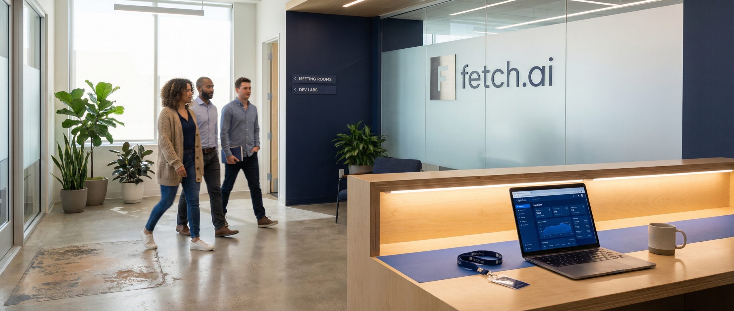 Trois personnes se promenant dans le bureau moderne de Fetch.ai, avec un espace de travail lumineux et une décoration contemporaine.