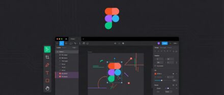 Interface de Figma montrant un projet de design numérique avec des formes colorées.