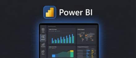 Interface Power BI affichant des graphiques et des données analytiques sur un fond sombre.