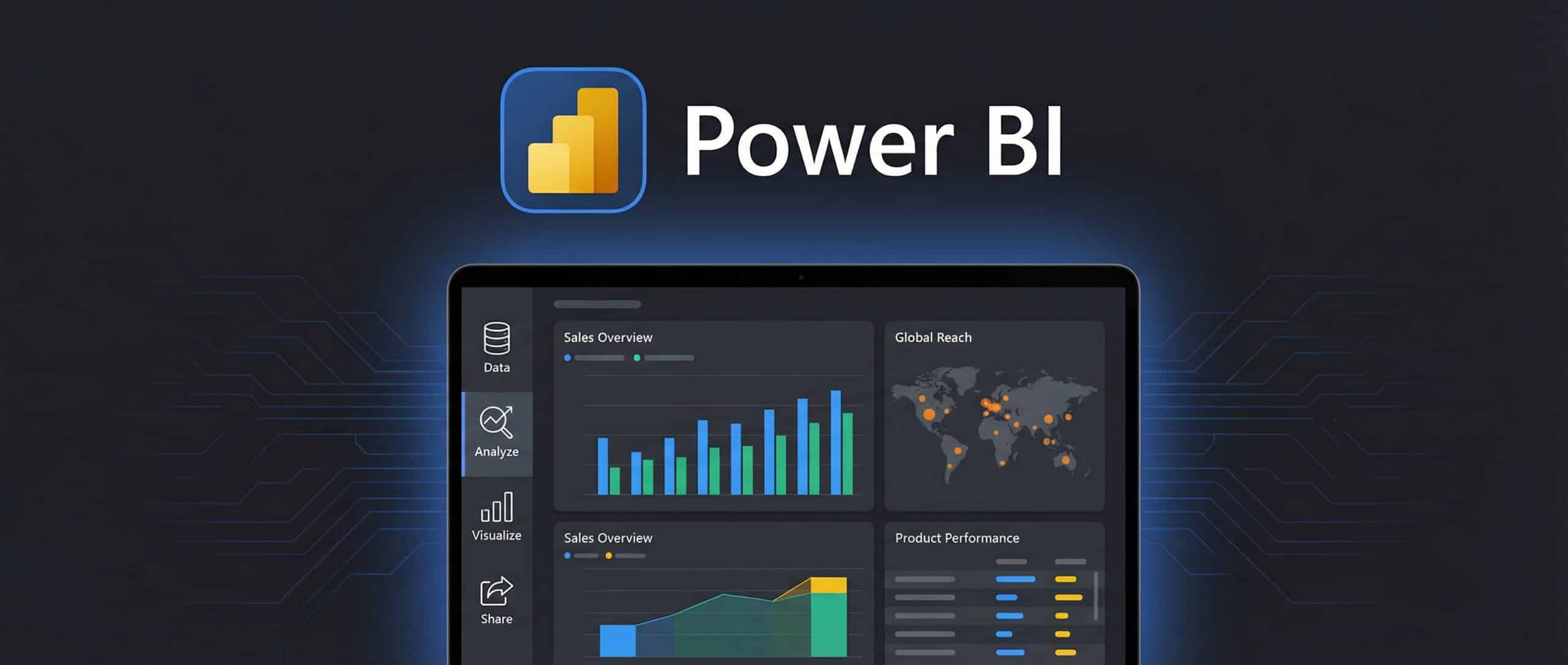 Interface Power BI affichant des graphiques et des données analytiques sur un fond sombre.