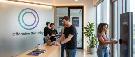 Personnes travaillant dans un bureau moderne d'Offensive Security, interactant près d'un comptoir d'accueil.