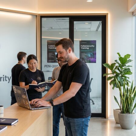 Personnes travaillant dans un bureau moderne d'Offensive Security, interactant près d'un comptoir d'accueil.