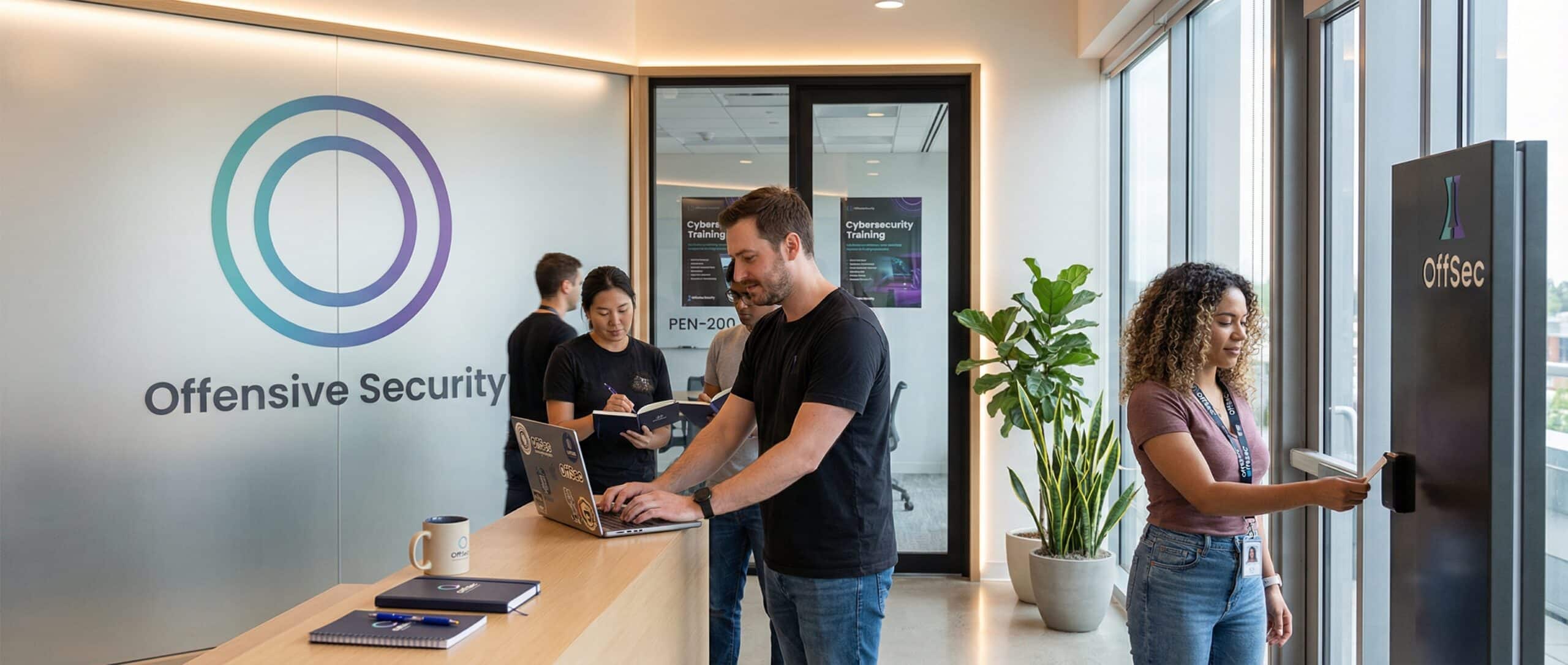 Personnes travaillant dans un bureau moderne d'Offensive Security, interactant près d'un comptoir d'accueil.