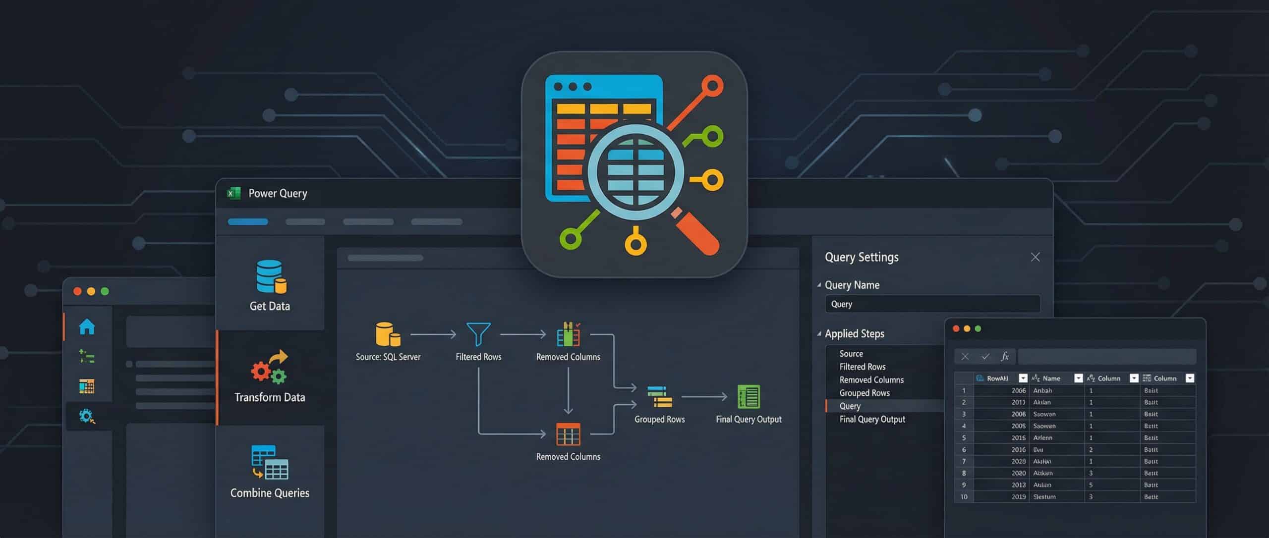 Interface de Power Query montrant les options de traitement des données et un tableau avec des paramètres de configuration.