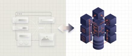 Illustration comparant l'interface utilisateur d'un site web (front-end) à l'infrastructure de données et de serveurs (back-end).