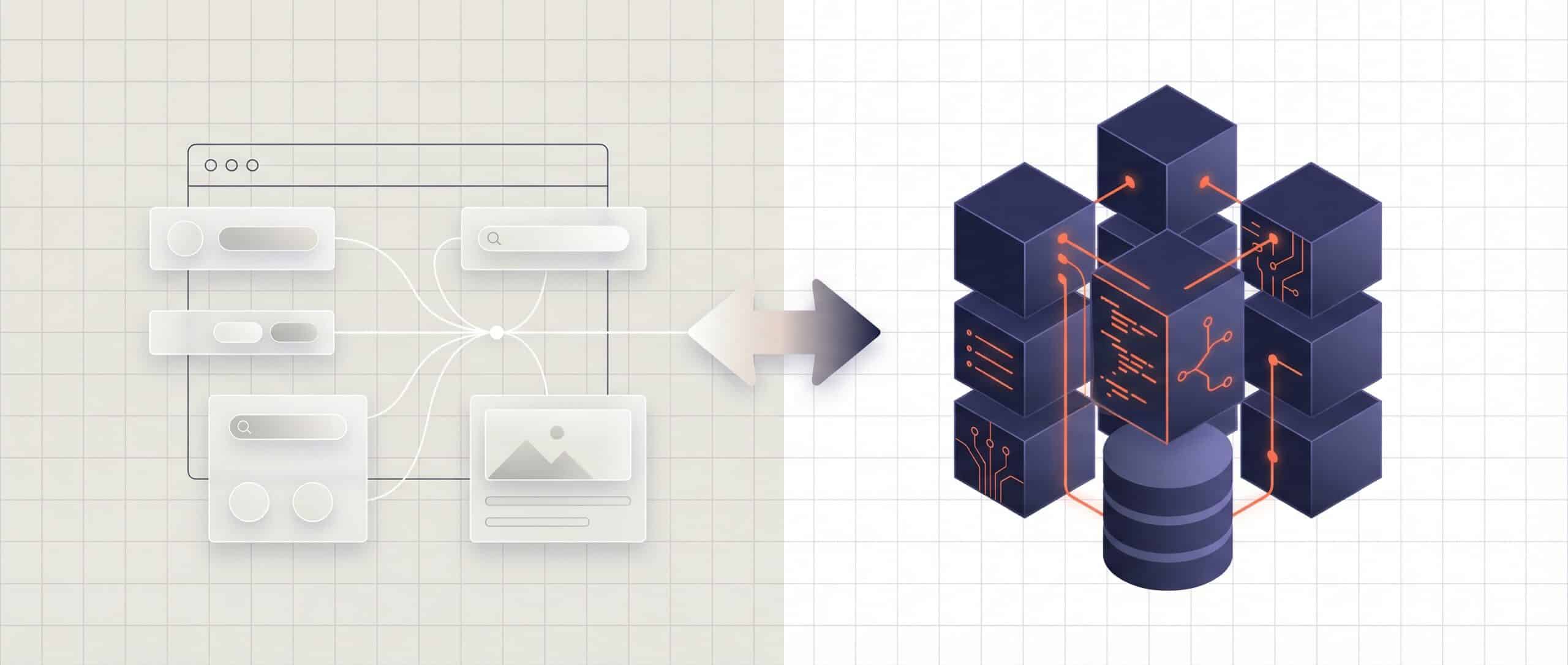 Illustration comparant l'interface utilisateur d'un site web (front-end) à l'infrastructure de données et de serveurs (back-end).