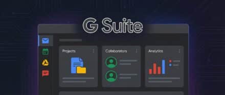 Interface de G Suite affichant des outils de collaboration comme les projets, les collaborateurs et les analyses.