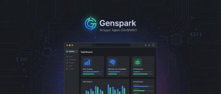 Interface de Genspark, un super-agent IA, affichant des graphiques et des données sur un fond sombre avec des motifs de circuits.
