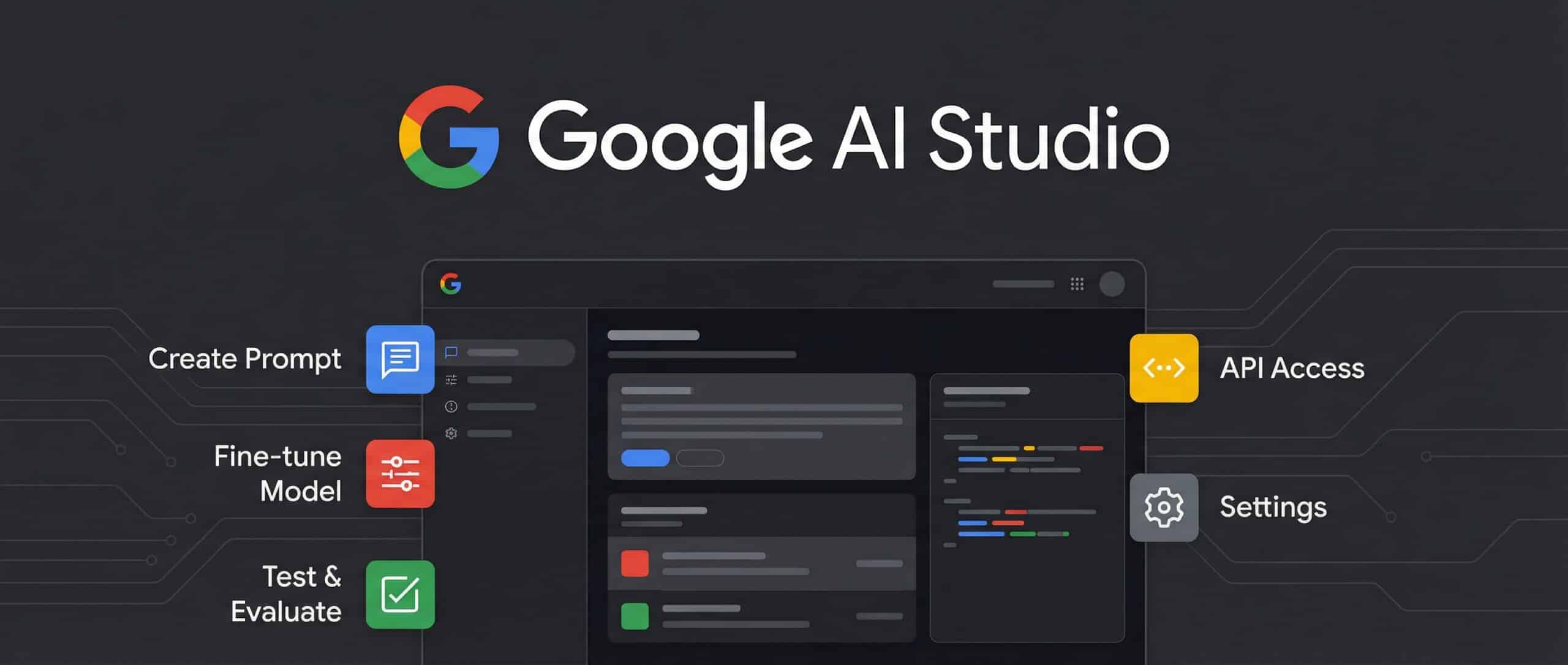 Interface de Google AI Studio montrant les options de création de prompt, de finetuning de modèle et d'accès API.